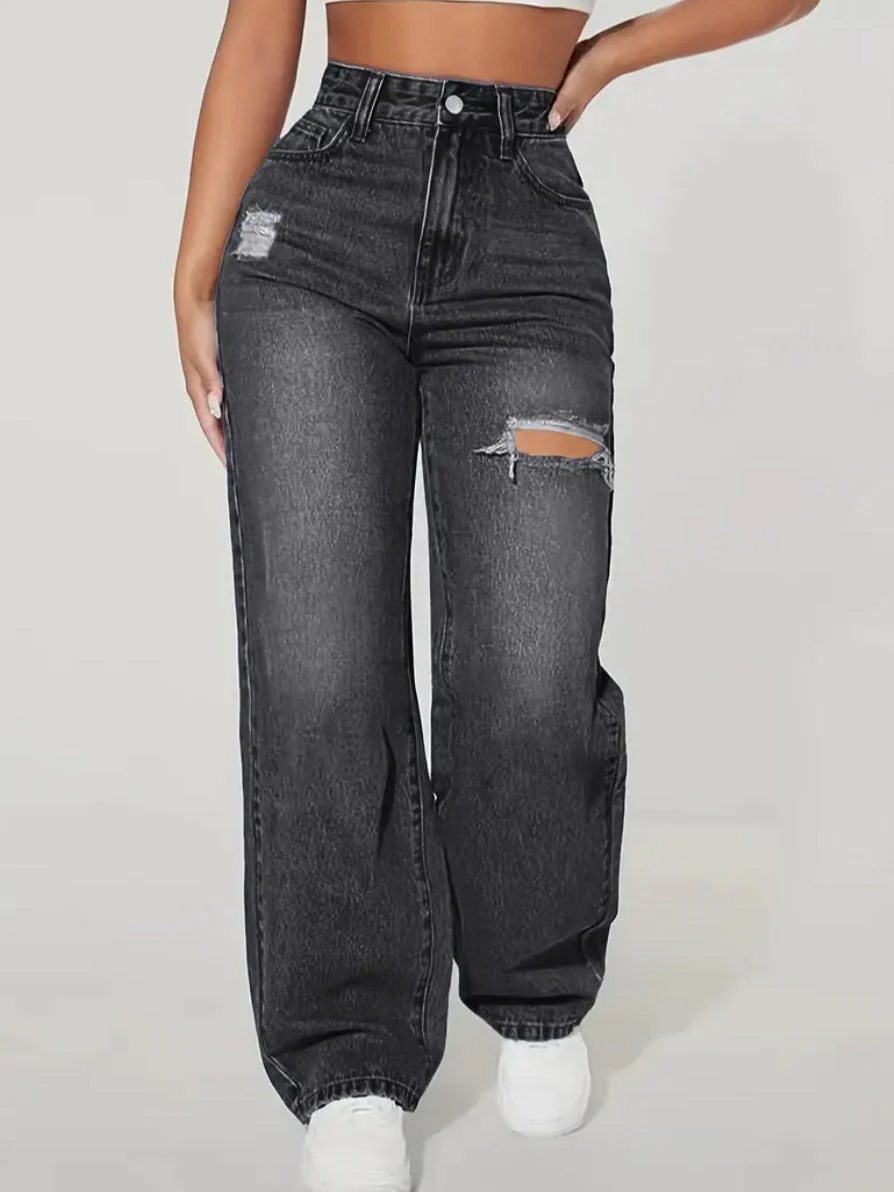 Jean Femme Taille Haute à Jambe Droite et Déchiré – Pantalon Décontracté à la Mode - Image 3