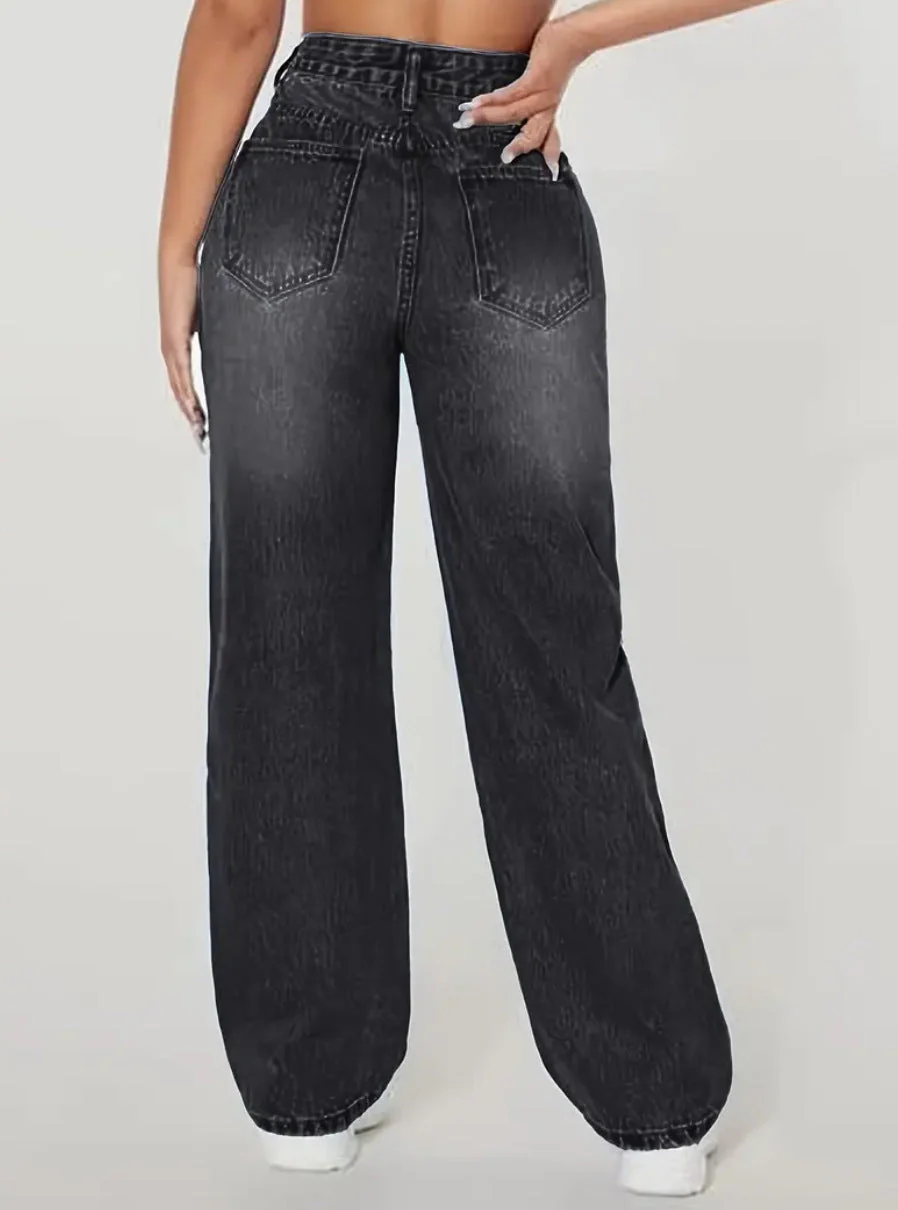 Jean Femme Taille Haute à Jambe Droite et Déchiré – Pantalon Décontracté à la Mode - Image 4