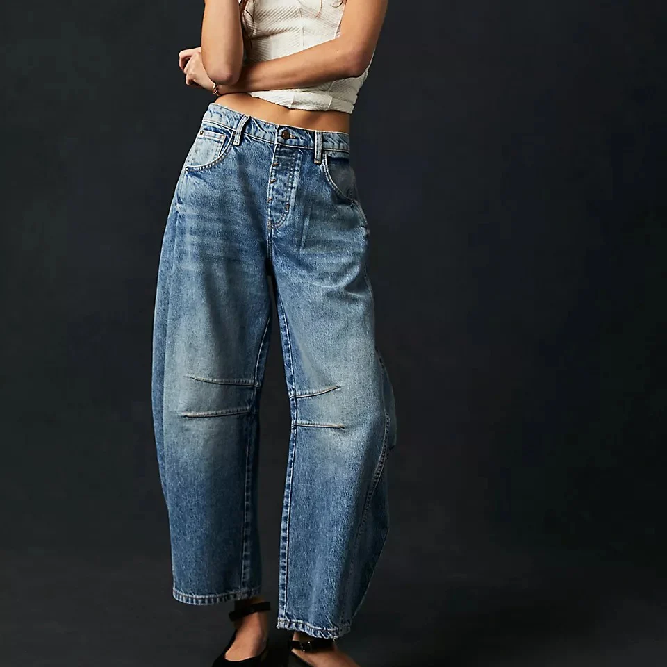 Jean Barrel Large Jambe Large Taille Moyenne Stretch Femme – Denim Décontracté Baggy - Image 34