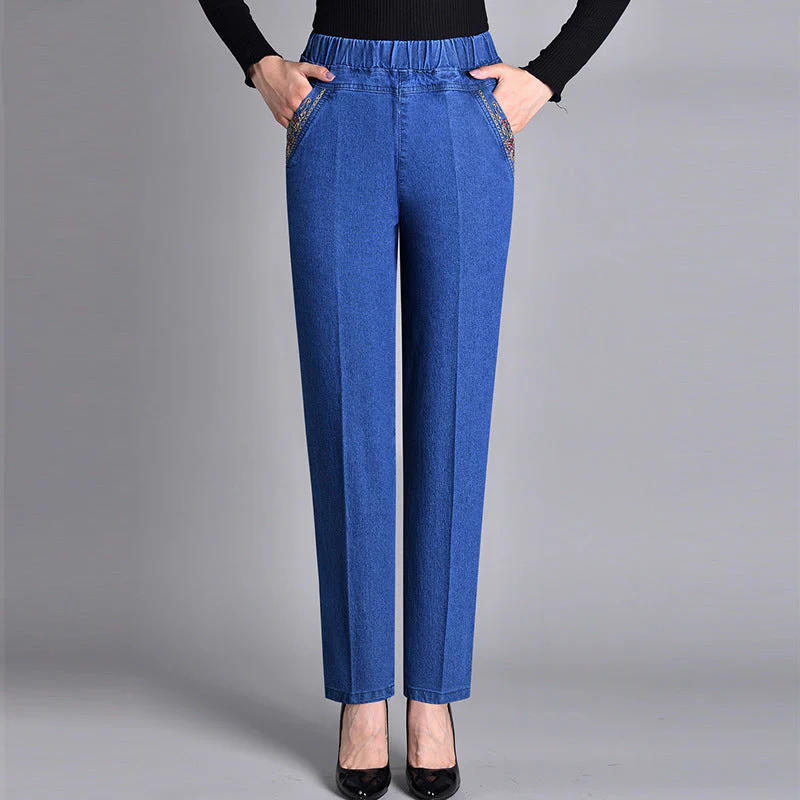 Jean Femme Droite Stylé – Taille Élastique et Poches en Denim