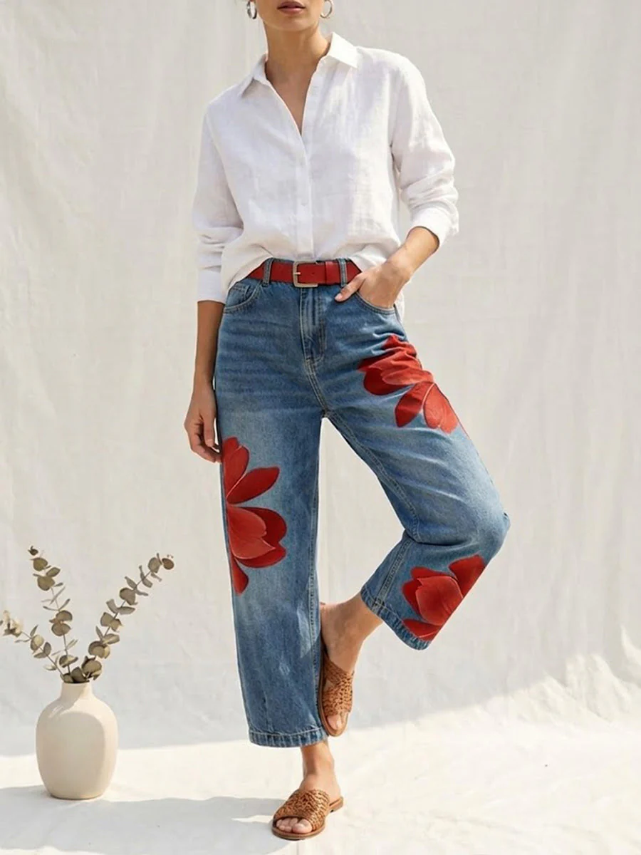 Jean femme jambe large a fleurs - Original et decontracte - Image 2
