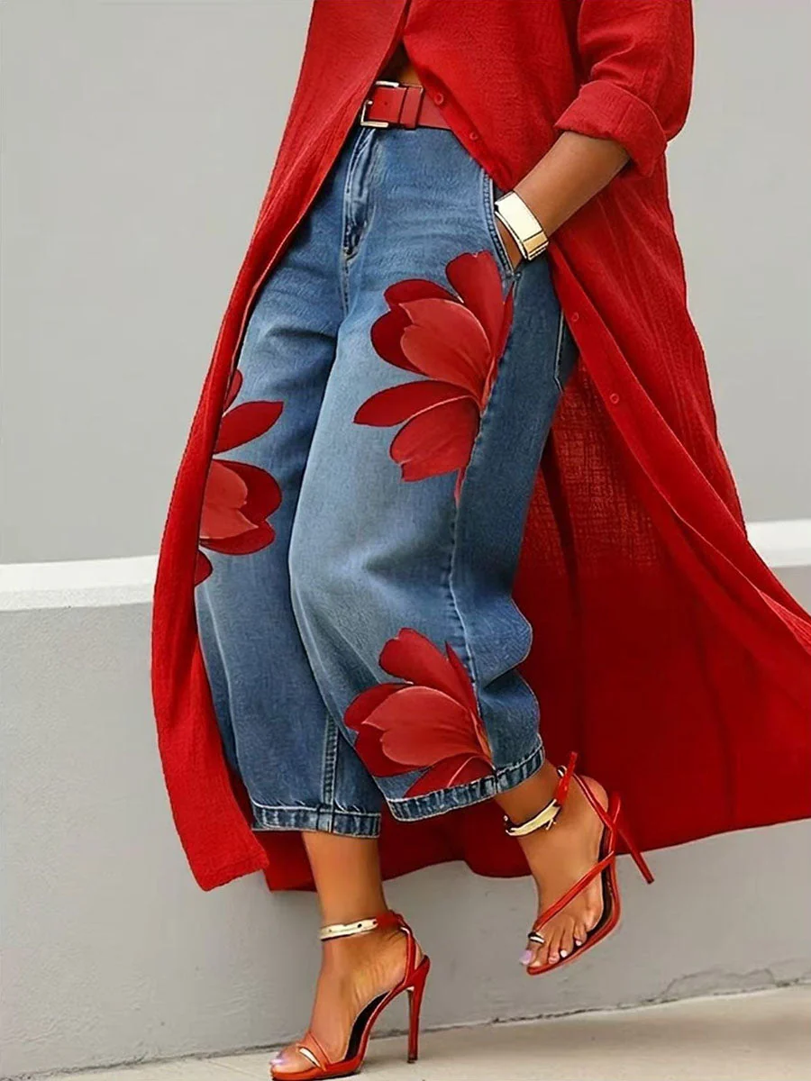Jean femme jambe large a fleurs - Original et decontracte - Image 5