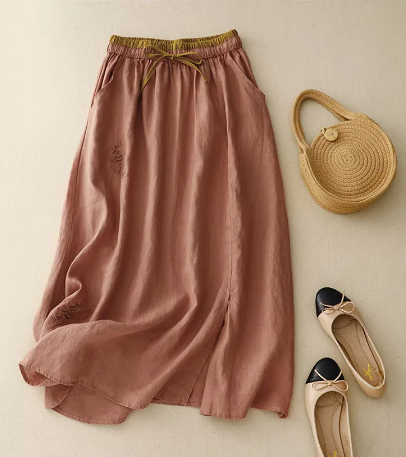 Jupe Femme Élégante Mi-Longue Taille Haute en Lin – Jupe A-Line d’Été - Image 3