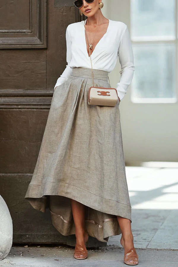 Jupe longue en lin mélangé pour femmes – Design asymétrique avec taille élastique et poches