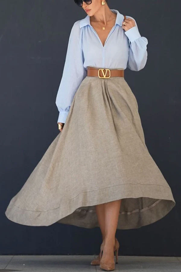 Jupe longue en lin mélangé pour femmes – Design asymétrique avec taille élastique et poches - Image 4