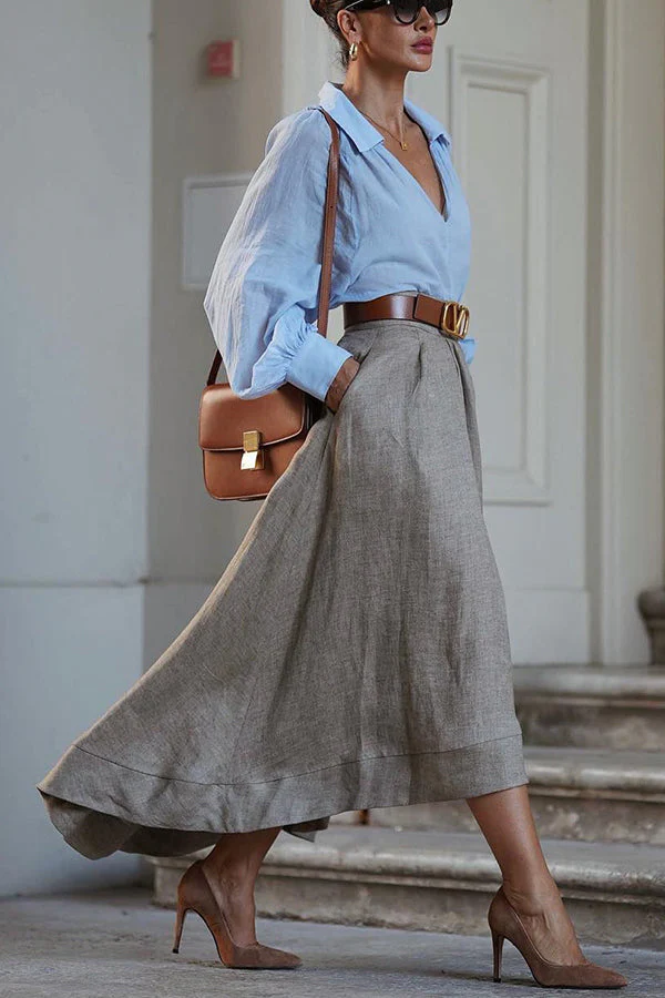 Jupe longue en lin mélangé pour femmes – Design asymétrique avec taille élastique et poches - Image 5