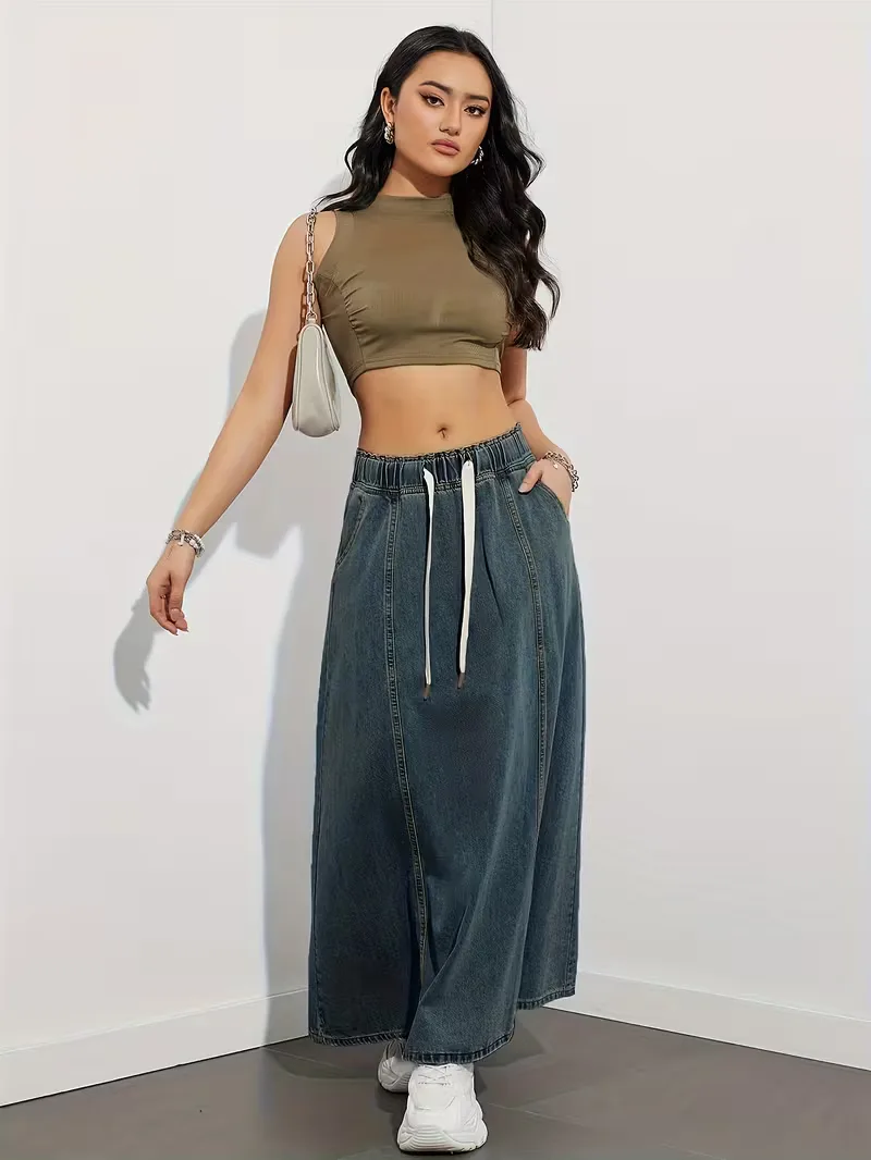 Jupe maxi en denim femme a taille elastique - Confortable et pratique - Image 2