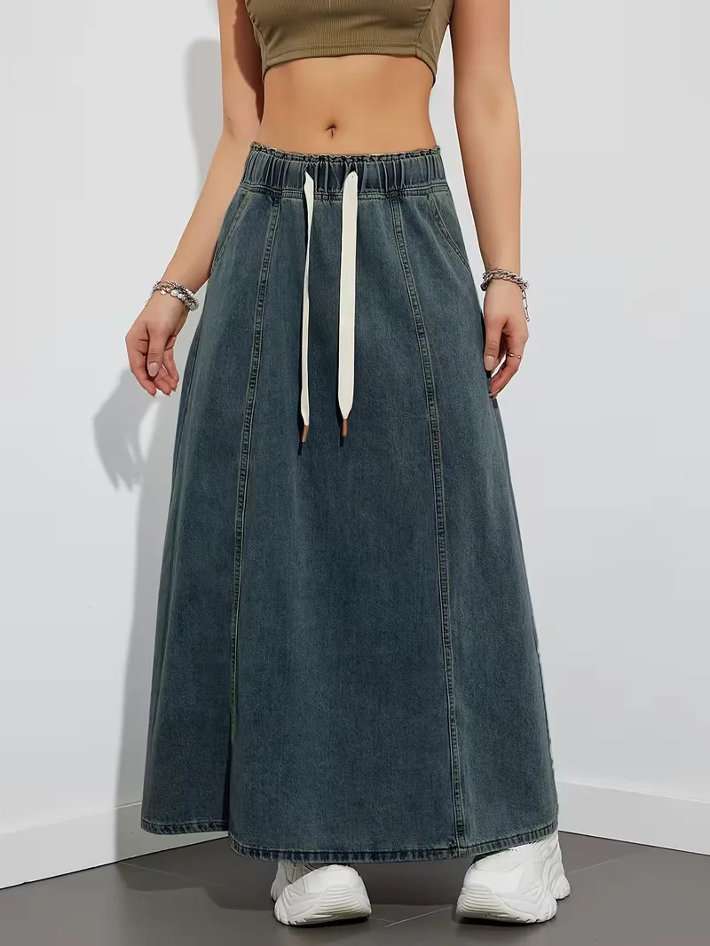Jupe maxi en denim femme a taille elastique - Confortable et pratique - Image 3