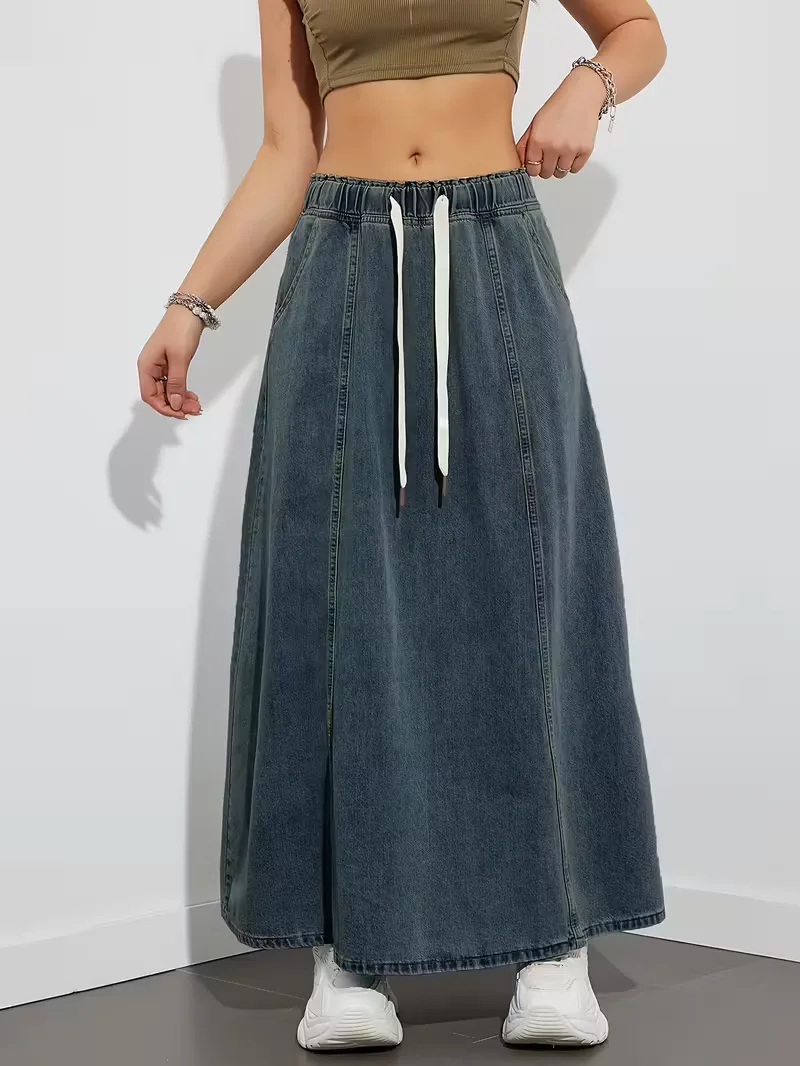 Jupe maxi en denim femme a taille elastique - Confortable et pratique - Image 4