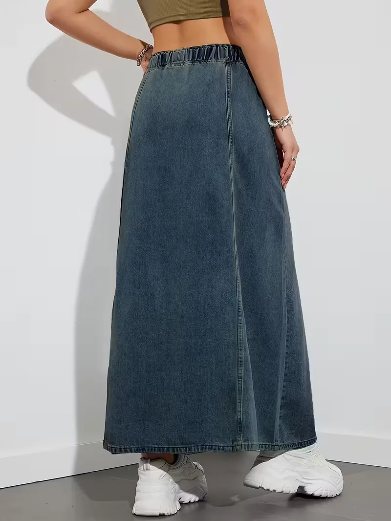 Jupe maxi en denim femme a taille elastique - Confortable et pratique - Image 5