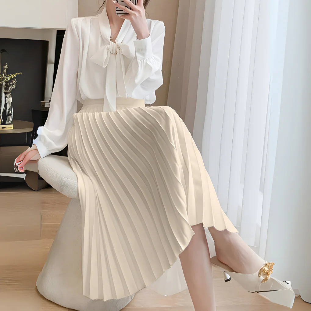 Jupe Mi-Longue Plissée en Satin Élégante pour Femme – Taille Haute Coupe Évasée - Image 3