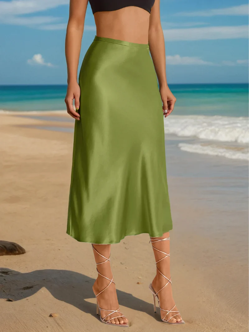 Jupe midi satinée taille haute élégante et stylée femme – Jupe fluide légère soyeuse pour tenues formelles, bureau ou décontractées - Image 4