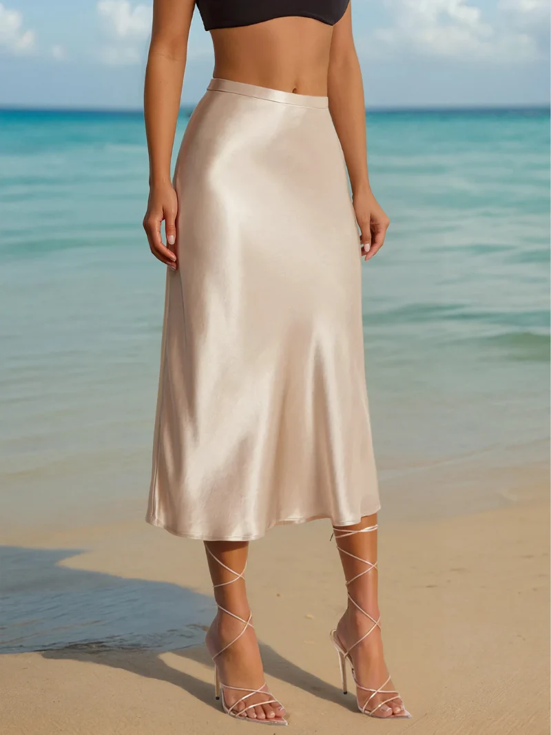 Jupe midi satinée taille haute élégante et stylée femme – Jupe fluide légère soyeuse pour tenues formelles, bureau ou décontractées - Image 6
