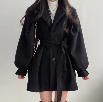 Manteau Ceinturé Femme en Laine Mélangée – Manches Bouffantes