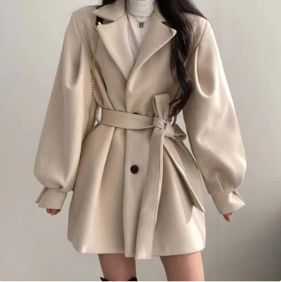 Manteau Ceinturé Femme en Laine Mélangée – Manches Bouffantes - Image 2