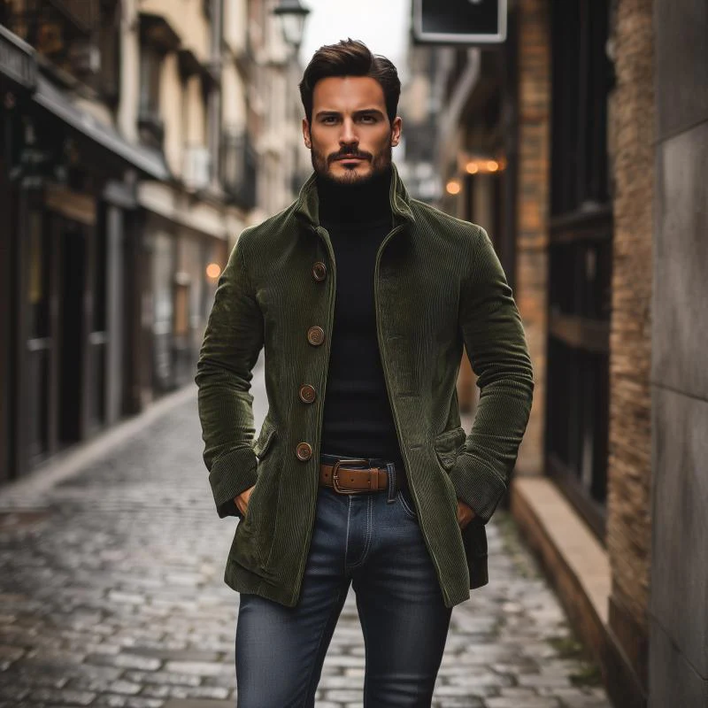 Manteau court ajusté en velours côtelé à col montant pour homme - Image 3