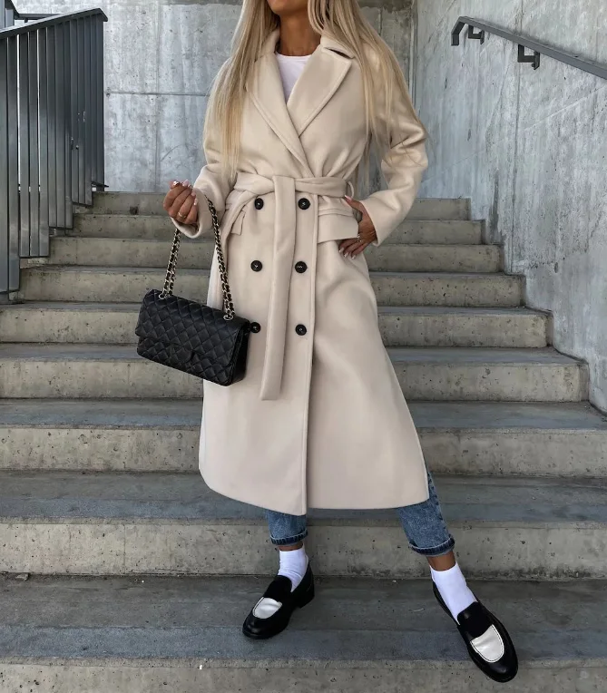 Manteau Élégant à Double Boutonnage pour Femme – Veste d’Hiver Ceinturée à la Taille