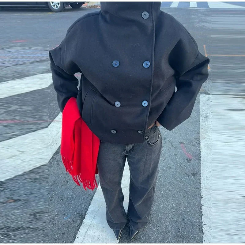 Manteau élégant femmes mélange de laine avec boutons – Vêtement d'hiver à col montant - Image 2
