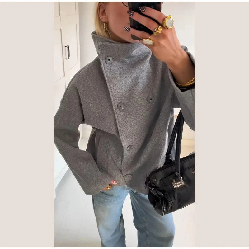 Manteau élégant femmes mélange de laine avec boutons – Vêtement d'hiver à col montant - Image 7