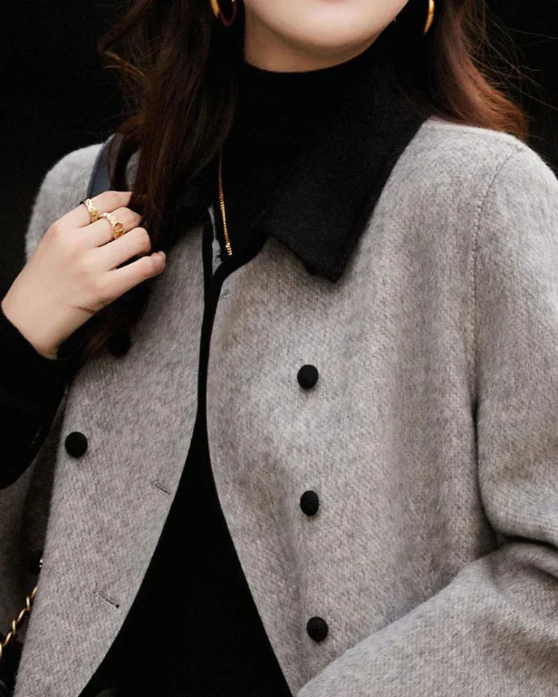 Manteau en laine contrastée premium pour femme – Élégant à boutons - Image 3