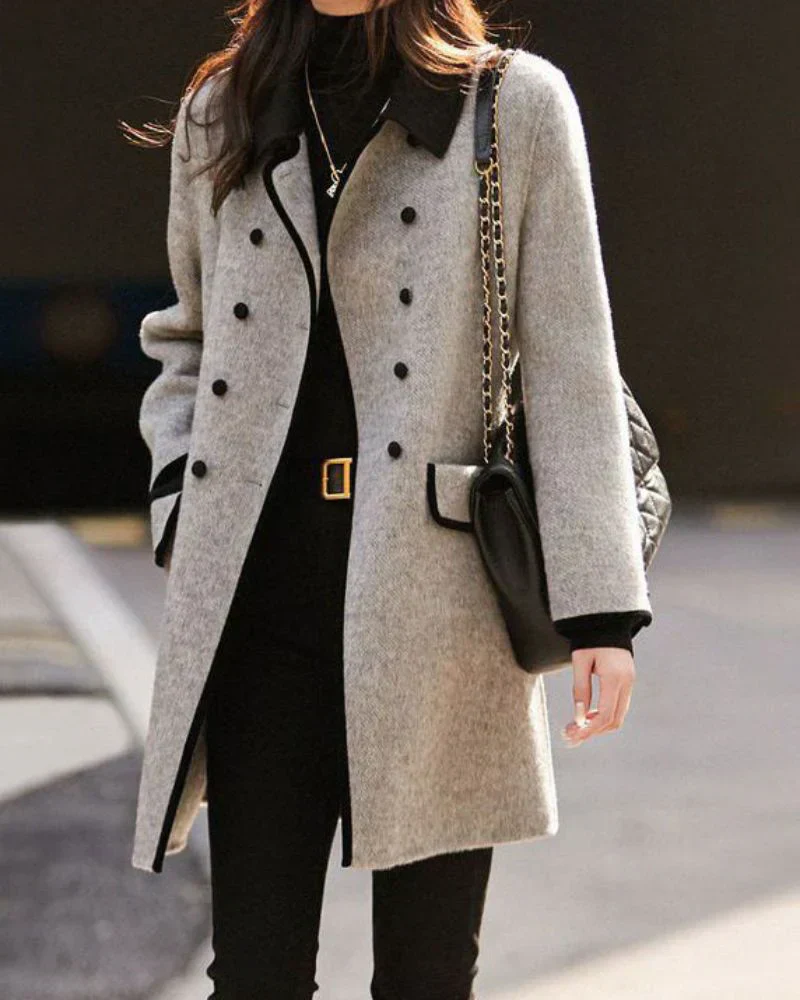 Manteau en laine contrastée premium pour femme – Élégant à boutons - Image 5