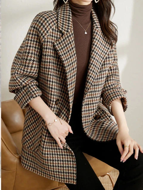 Manteau en Laine Pied-de-Poule pour Femmes – Manteau Élégant à Coupe Ample avec Revers