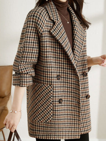 Manteau en Laine Pied-de-Poule pour Femmes – Manteau Élégant à Coupe Ample avec Revers - Image 3