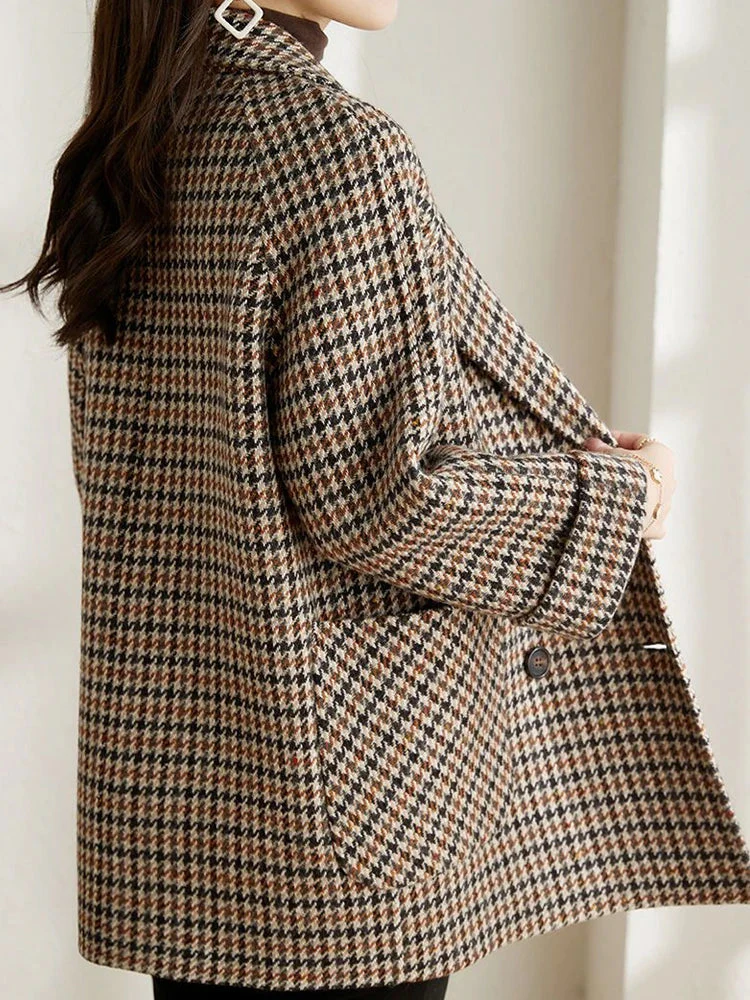 Manteau en Laine Pied-de-Poule pour Femmes – Manteau Élégant à Coupe Ample avec Revers - Image 4