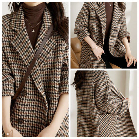 Manteau en Laine Pied-de-Poule pour Femmes – Manteau Élégant à Coupe Ample avec Revers - Image 5