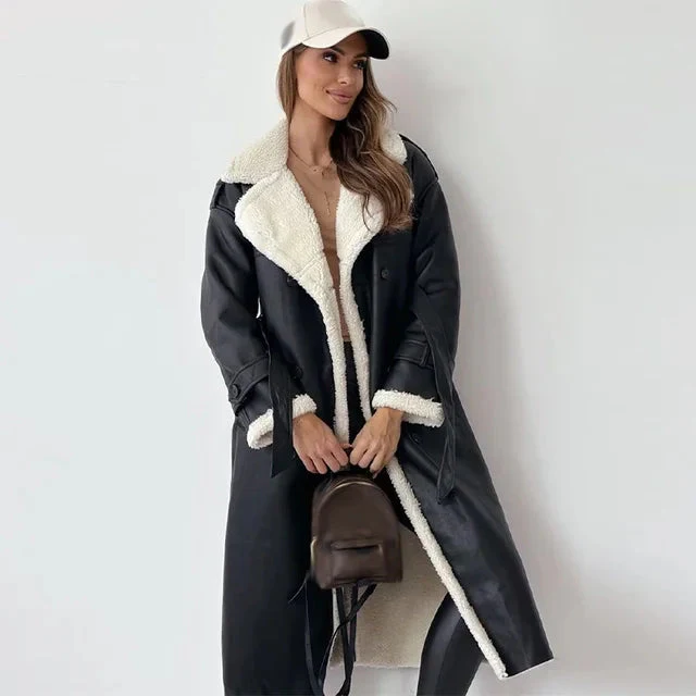 Manteau Femme à Revers et Doublure Sherpa – Long Vêtement d’Hiver Élégant - Image 2