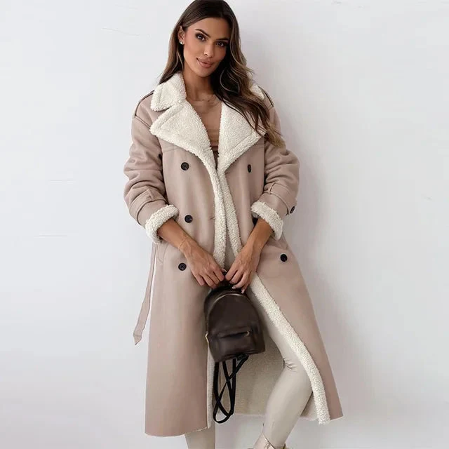 Manteau Femme à Revers et Doublure Sherpa – Long Vêtement d’Hiver Élégant - Image 3