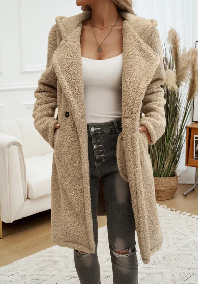 Manteau Femme Élégant à Capuche en Peluche – Manteau d’Hiver Douillet à Revers - Image 3