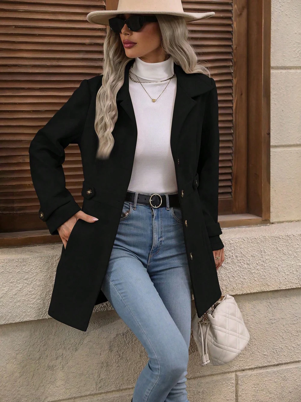 Manteau Femme en Mélange de Laine à Simple Boutonnage – Veste Élégante Mi-Longue à Revers - Image 10