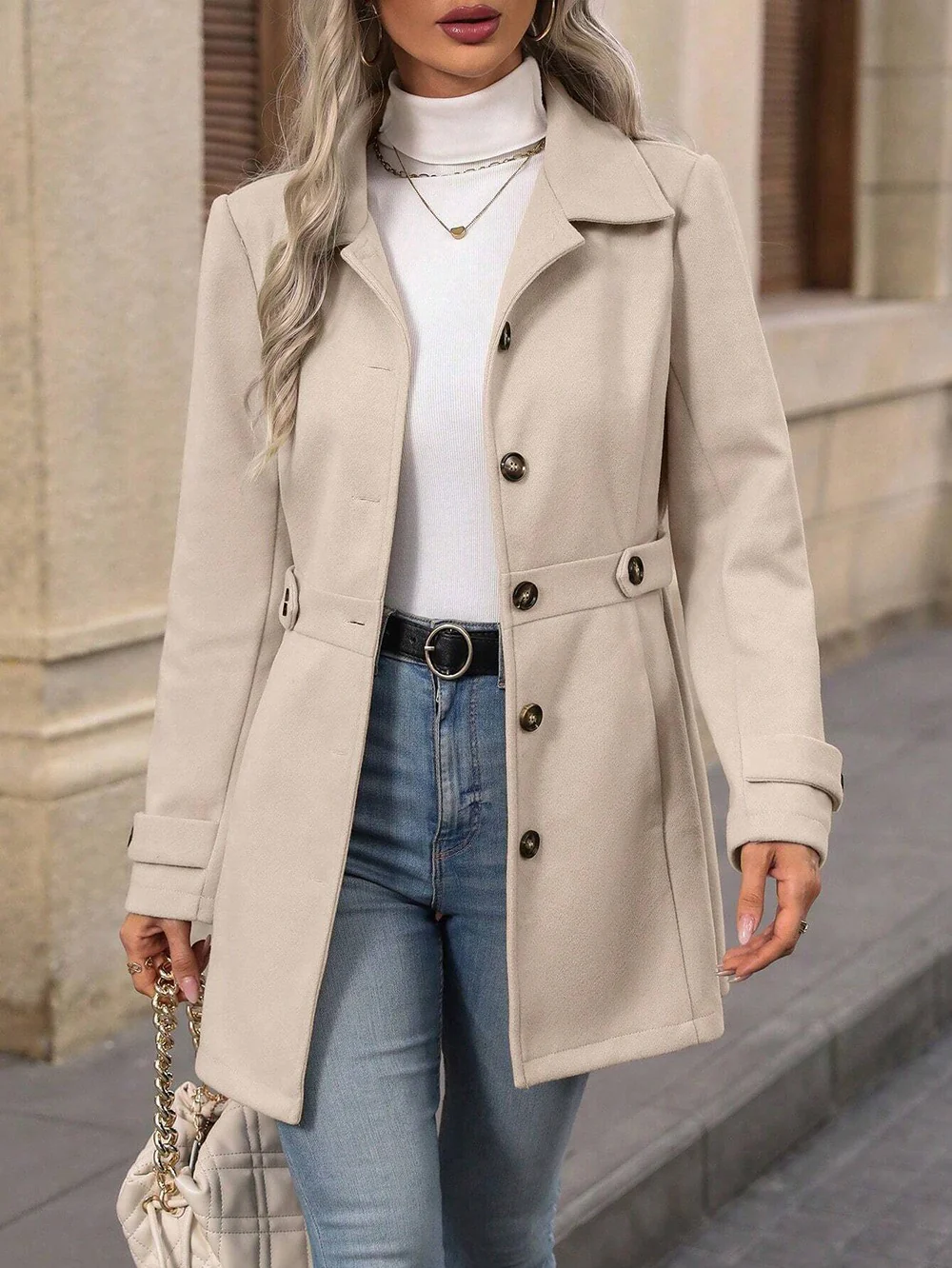 Manteau Femme en Mélange de Laine à Simple Boutonnage – Veste Élégante Mi-Longue à Revers - Image 11