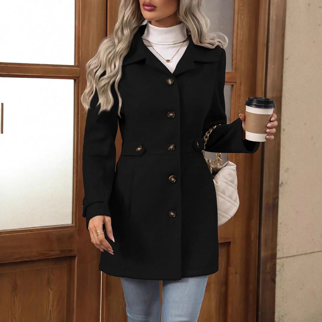 Manteau Femme en Mélange de Laine à Simple Boutonnage – Veste Élégante Mi-Longue à Revers - Image 3