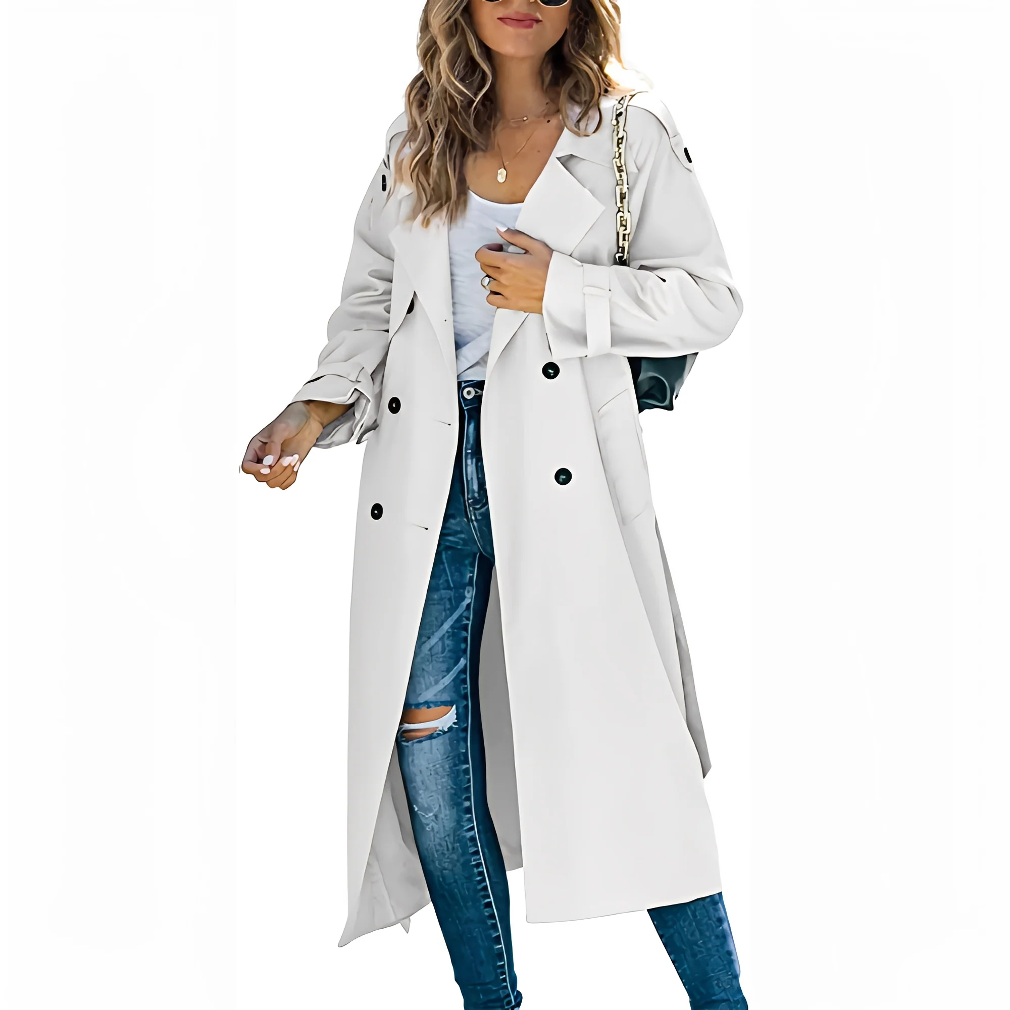 Manteau Long Chic à Double Boutonnage pour Femme – Vêtement d’Extérieur Élégant Coupe-Vent - Image 4