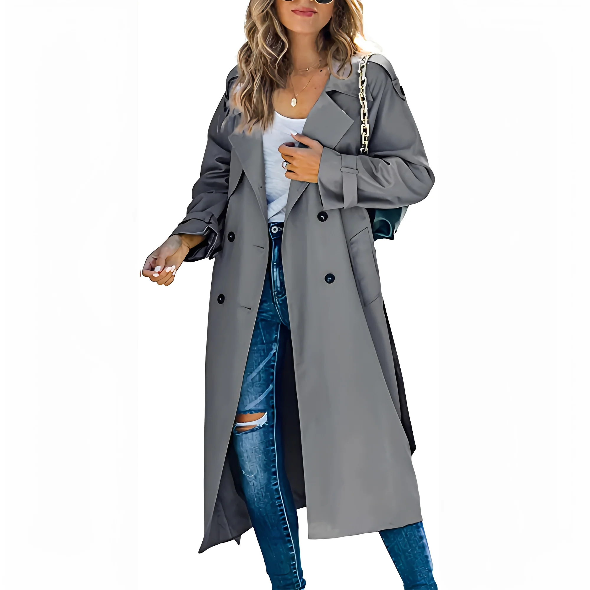 Manteau Long Chic à Double Boutonnage pour Femme – Vêtement d’Extérieur Élégant Coupe-Vent - Image 5