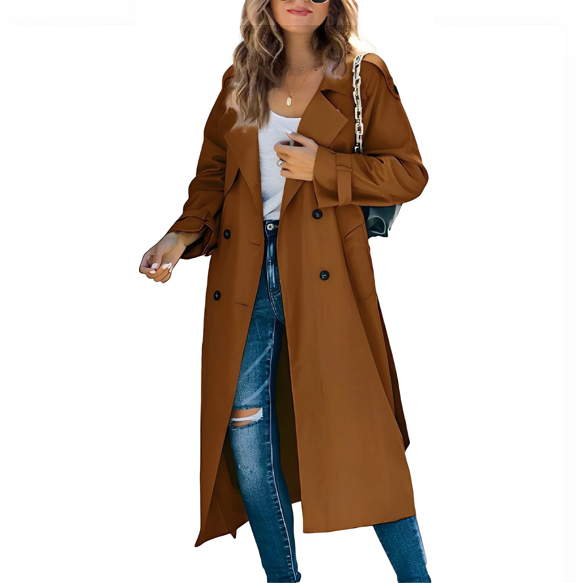 Manteau Long Chic à Double Boutonnage pour Femme – Vêtement d’Extérieur Élégant Coupe-Vent - Image 6