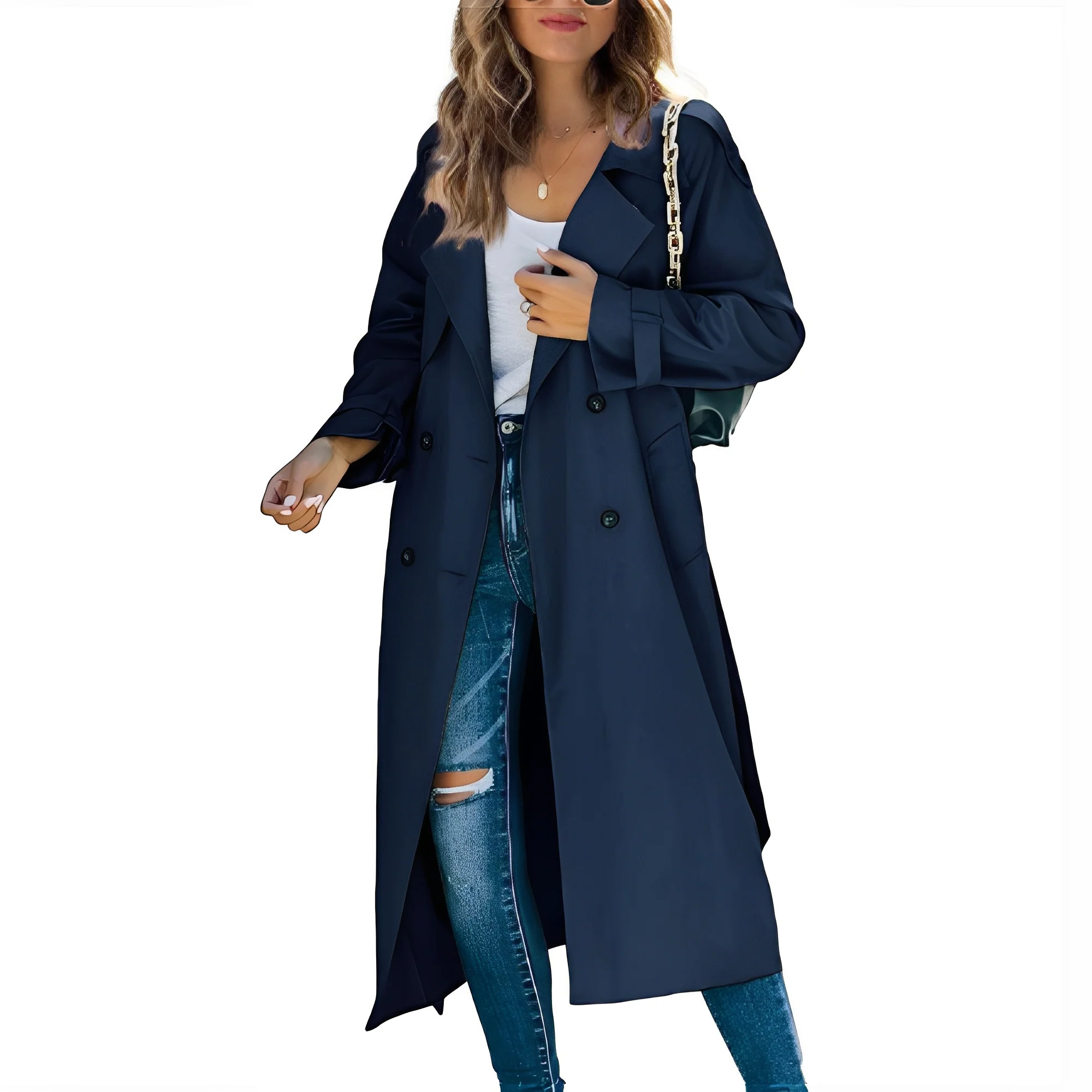 Manteau Long Chic à Double Boutonnage pour Femme – Vêtement d’Extérieur Élégant Coupe-Vent - Image 7