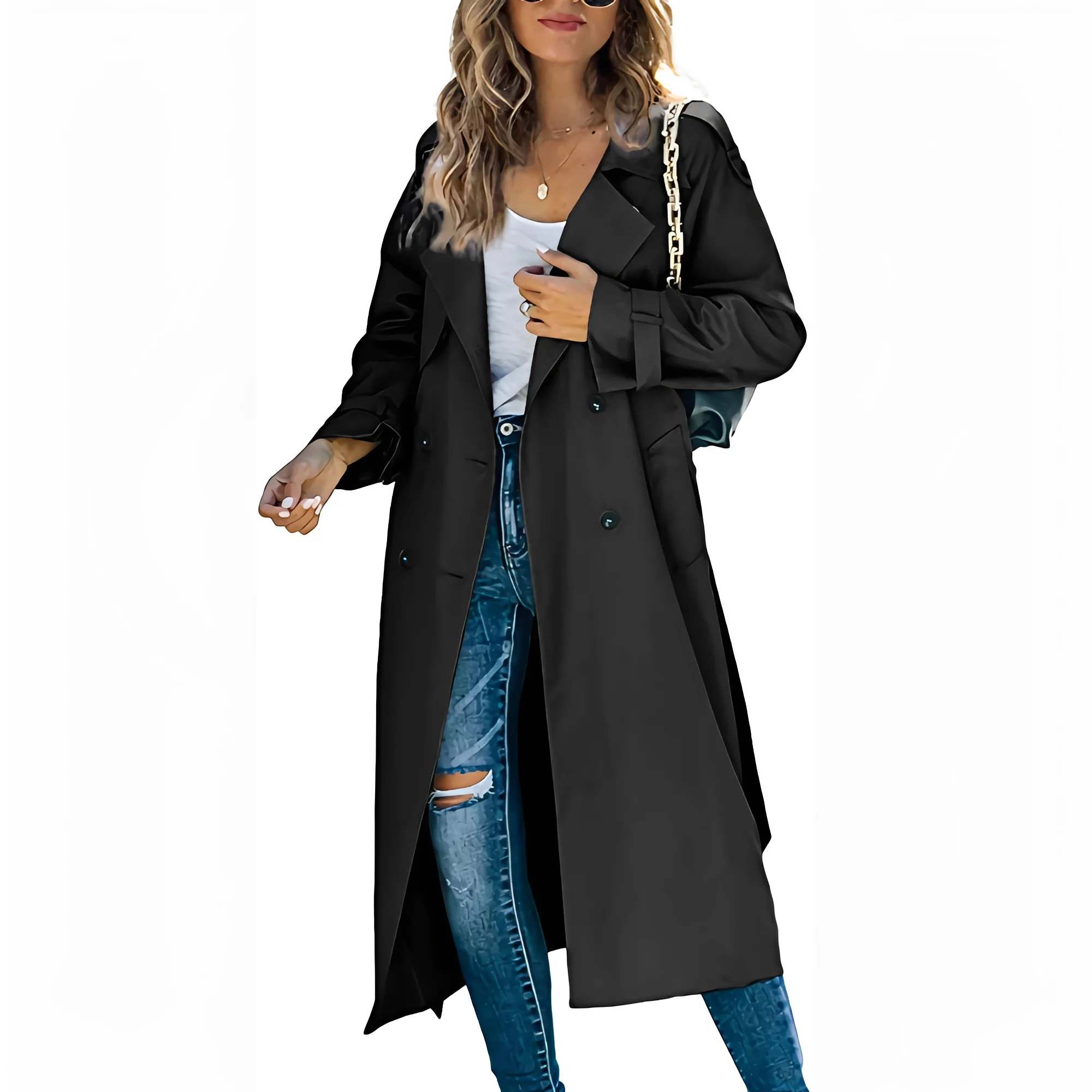 Manteau Long Chic à Double Boutonnage pour Femme – Vêtement d’Extérieur Élégant Coupe-Vent - Image 8