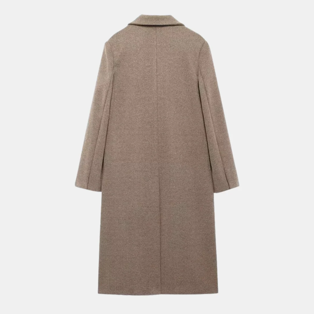 Manteau long croisé sophistiqué en laine taupe pour femme - Image 3