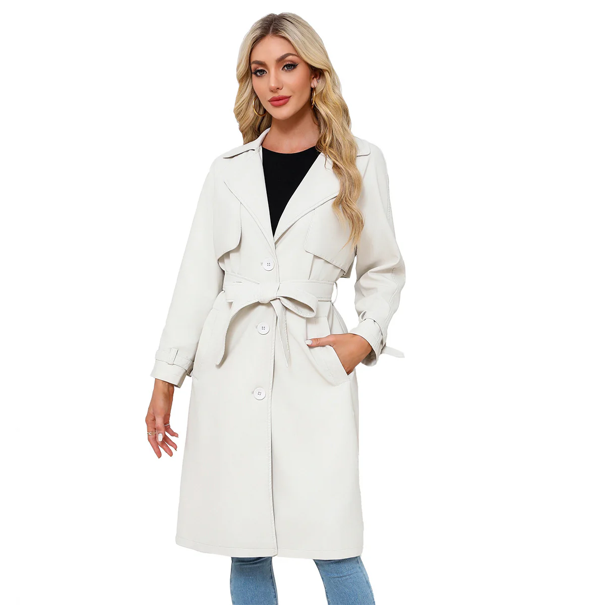 Manteau long élégant premium pour femme – Manteau ceinturé à col à revers et coupe ample - Image 5