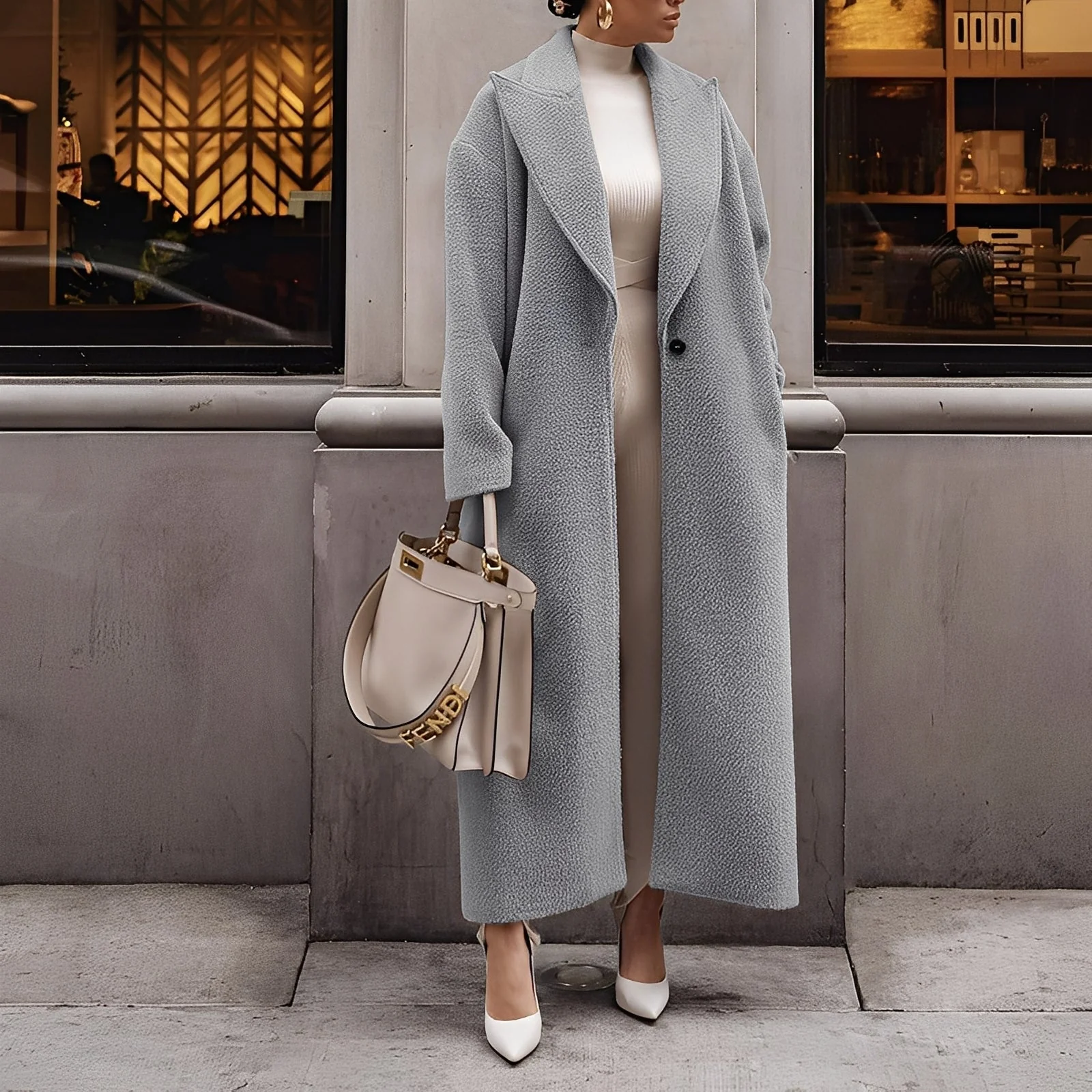 Manteau Long Oversize Élégant pour Femmes – Veste en Faux Laine Unie à Bouton Unique - Image 3