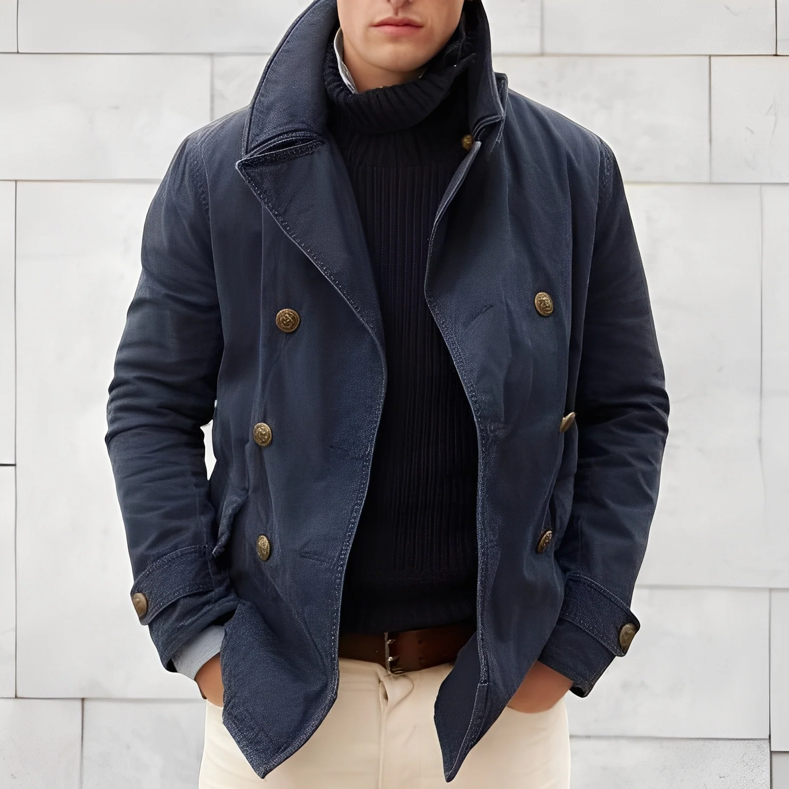 Manteau Peacoat Moderne Homme à Double Boutonnage – Veste Vintage Coupe Vent à Col Cranté