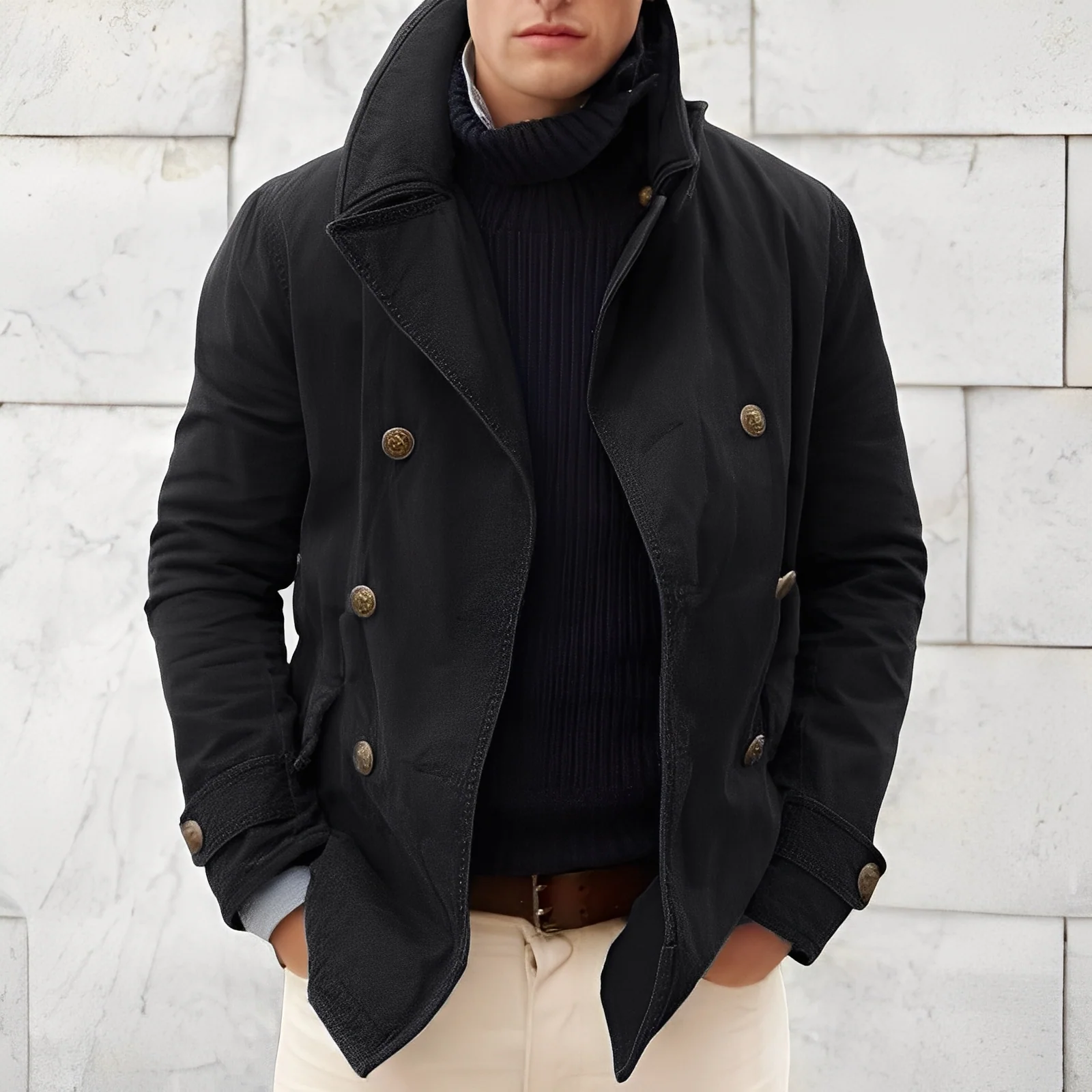 Manteau Peacoat Moderne Homme à Double Boutonnage – Veste Vintage Coupe Vent à Col Cranté - Image 2