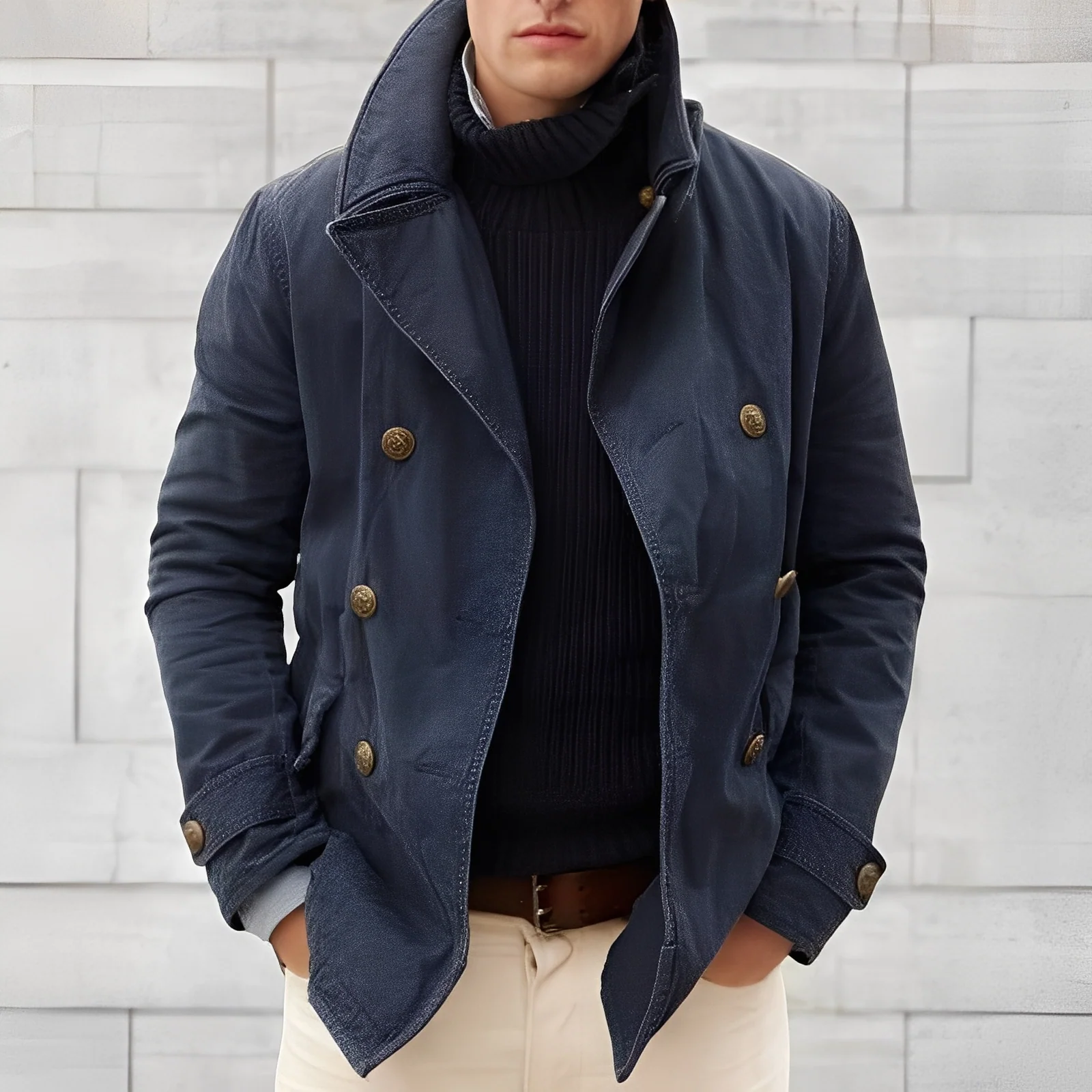 Manteau Peacoat Moderne Homme à Double Boutonnage – Veste Vintage Coupe Vent à Col Cranté - Image 3