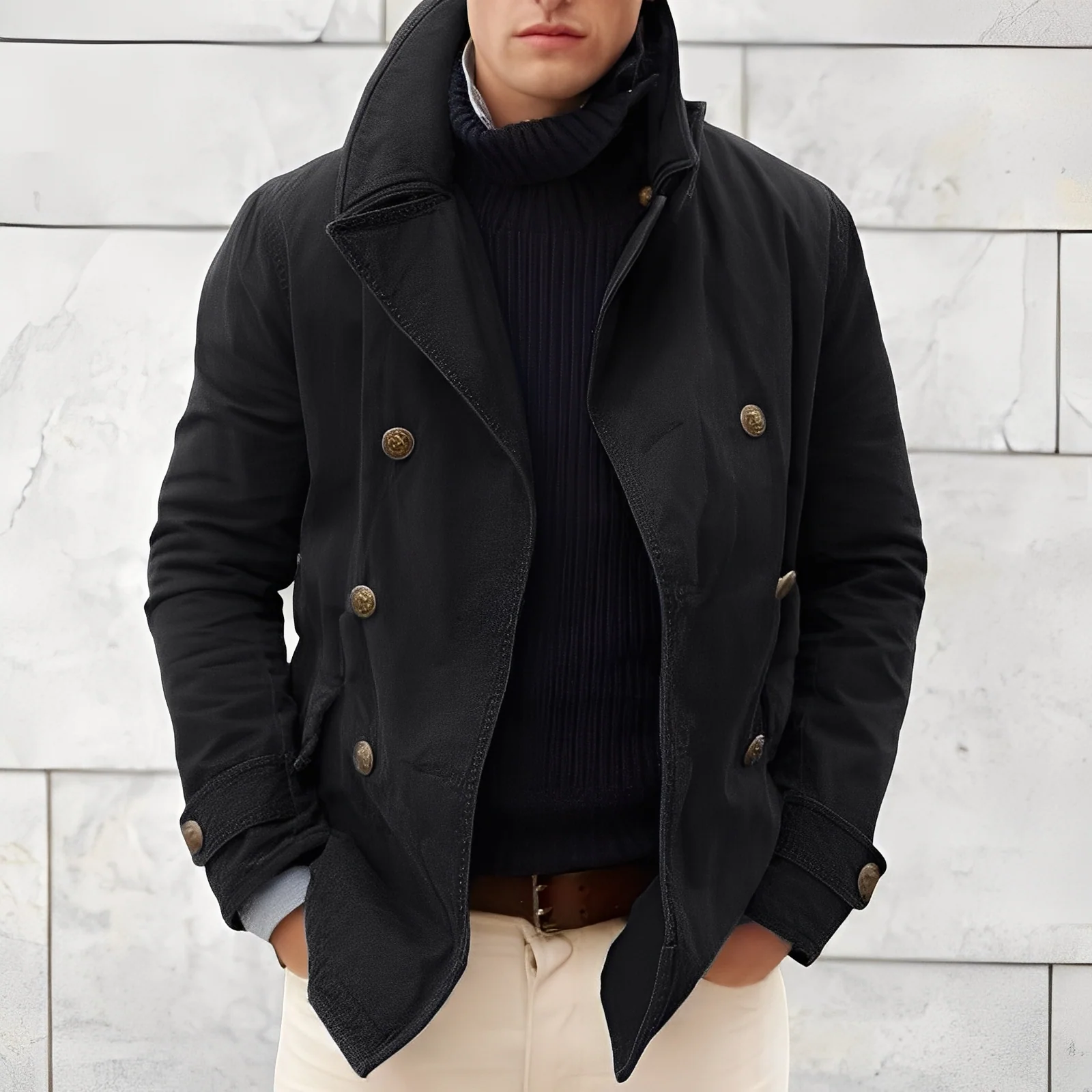 Manteau Peacoat Moderne Homme à Double Boutonnage – Veste Vintage Coupe Vent à Col Cranté - Image 4