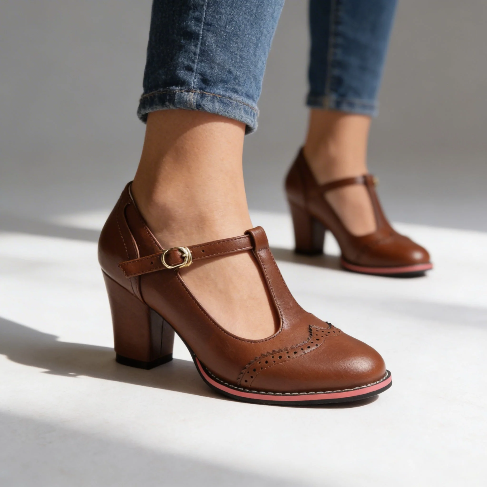 Mocassins Brogue T-Strap Abigail – Talon Bloc d’Inspiration Vintage - Image 3