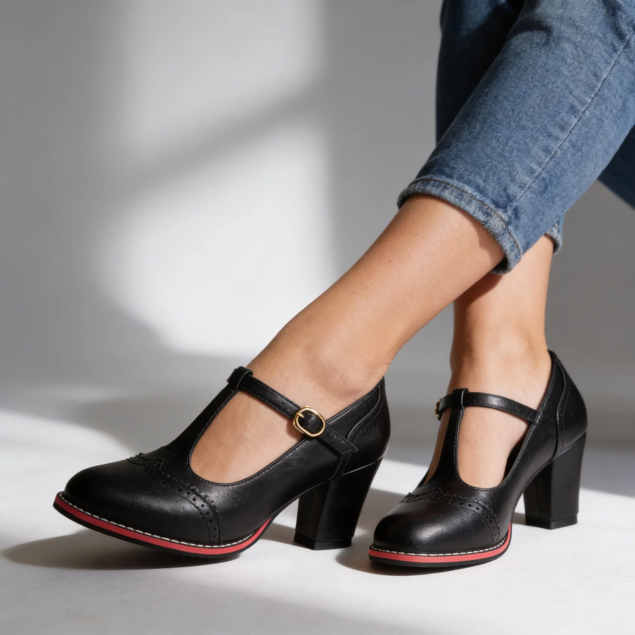 Mocassins Brogue T-Strap Abigail – Talon Bloc d’Inspiration Vintage - Image 4