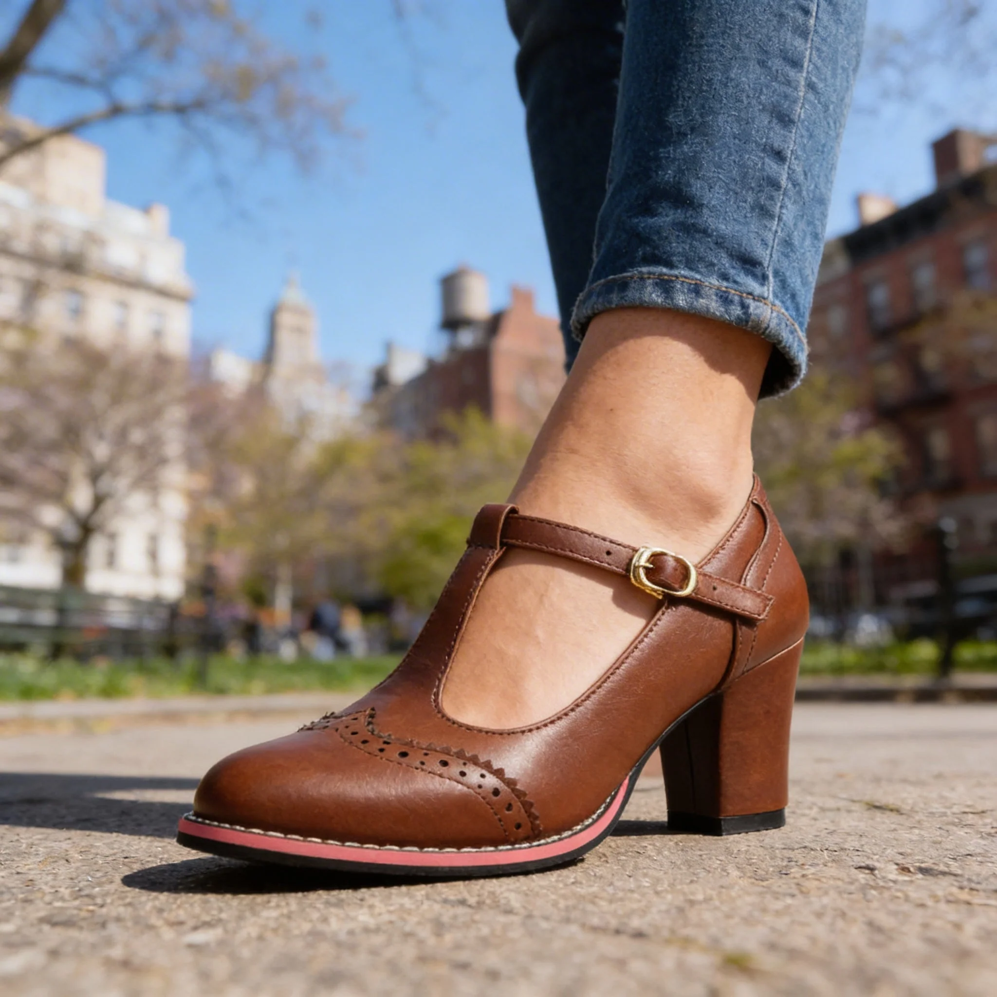 Mocassins Brogue T-Strap Abigail – Talon Bloc d’Inspiration Vintage - Image 5